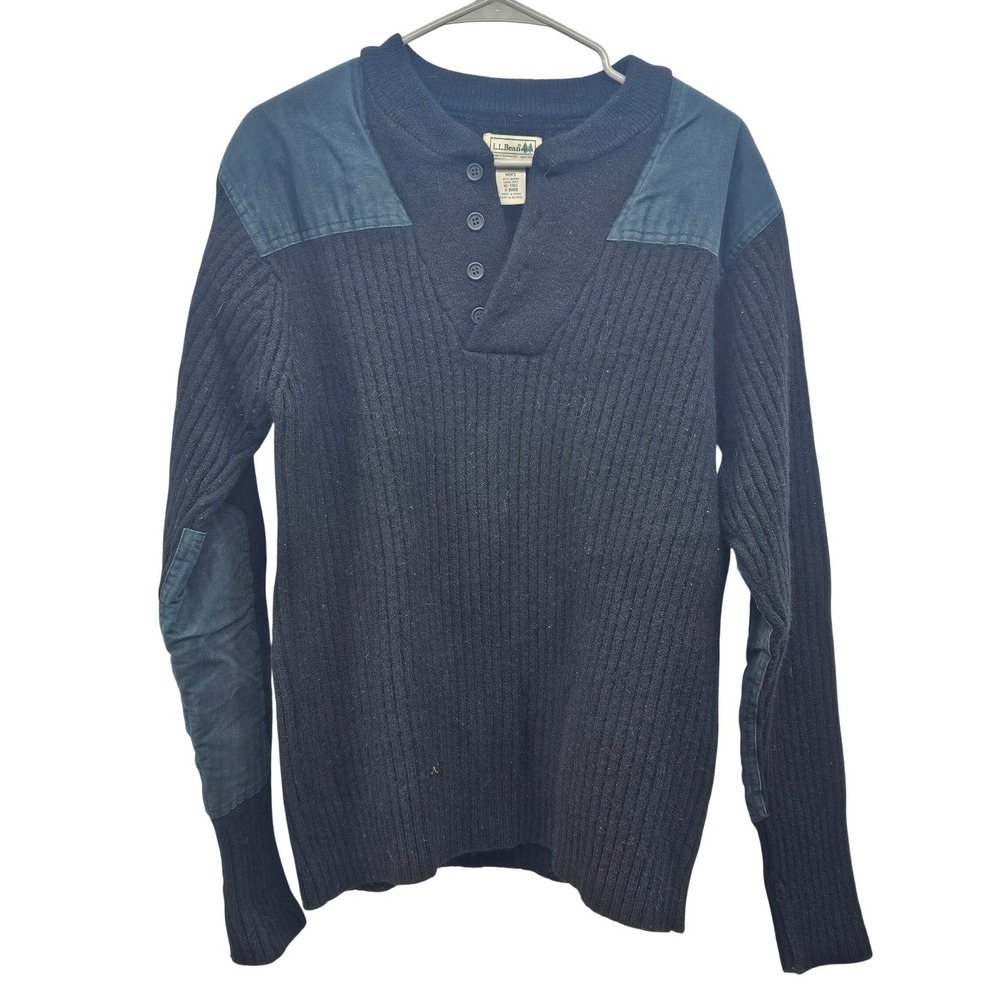 LL Bean Commando Sweater Mens XL Tall Navy Blue Merino Lambswool Henley Ribbed